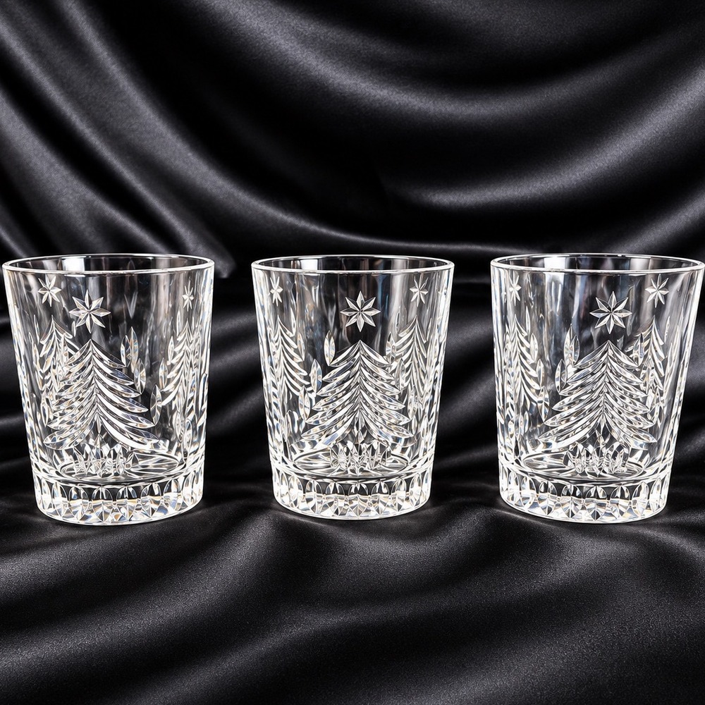 Mikasa Christmas Tree Old Fashioned Tumbler Crystal Glasses Set of 3 4 Inch